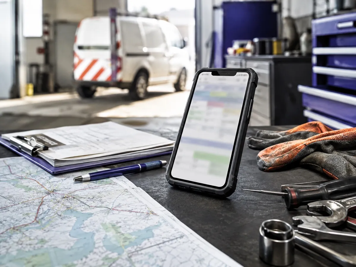 Téléphone professionnel, clipboard et outils sur un établi de terrain