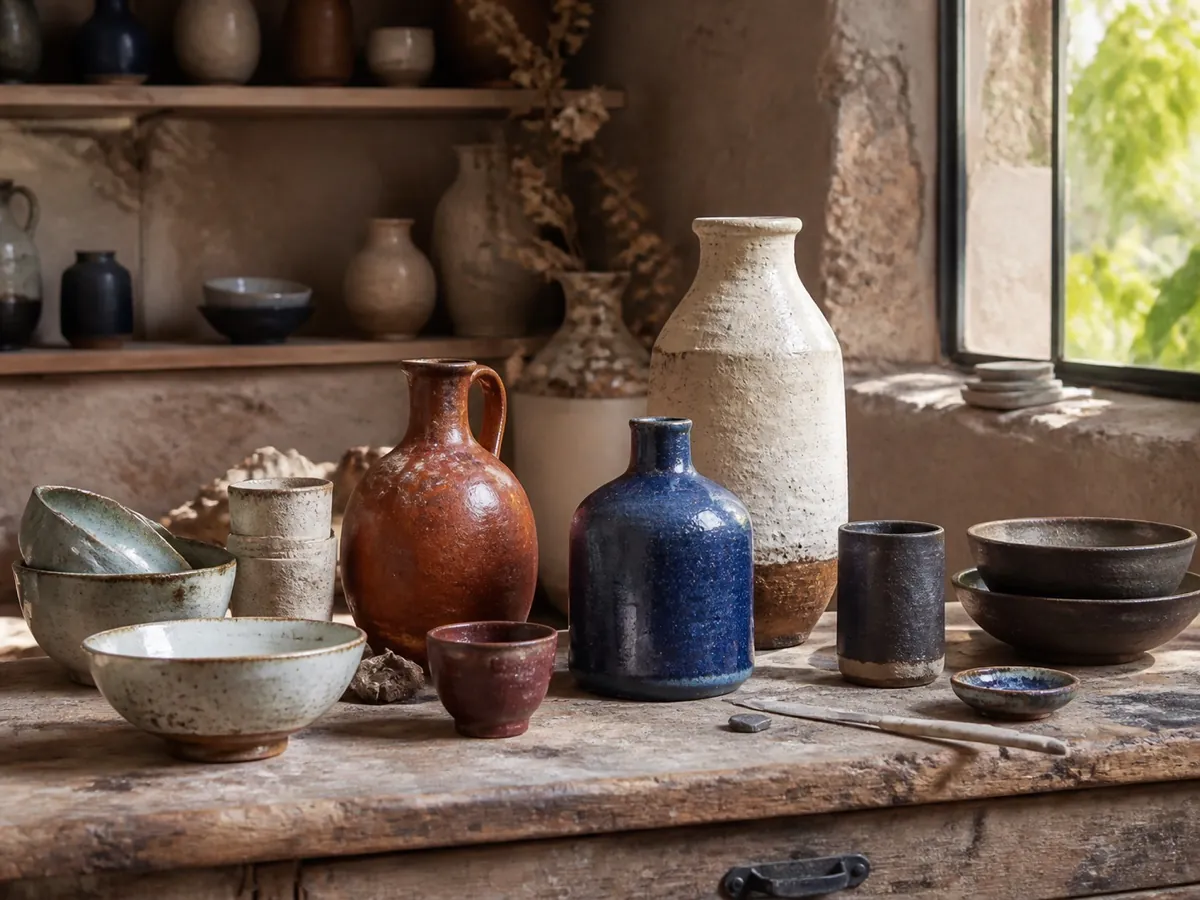 Pièces en céramique artisanale posées sur un établi en bois
