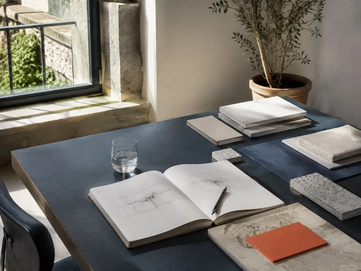 Table de travail d’un cabinet de conseil avec carnet et échantillons de matières