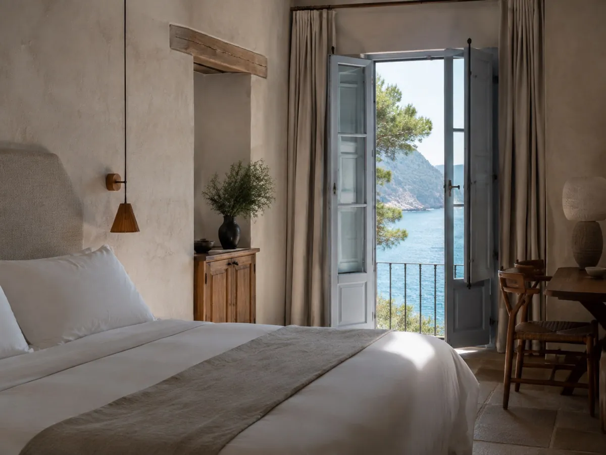 Chambre d’hôtel méditerranéenne avec matières naturelles et vue sur la mer