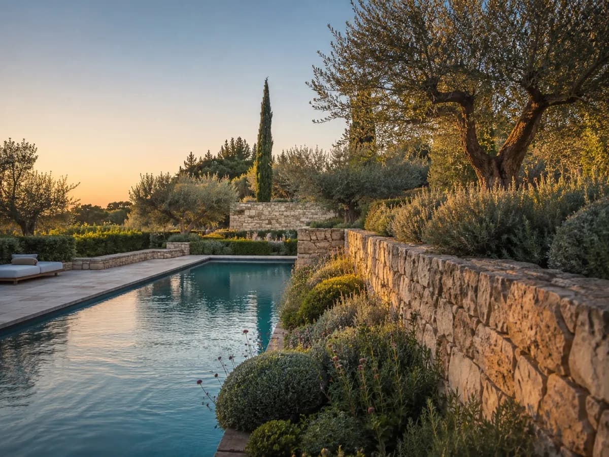 Jardin méditerranéen contemporain avec piscine et murs en pierre