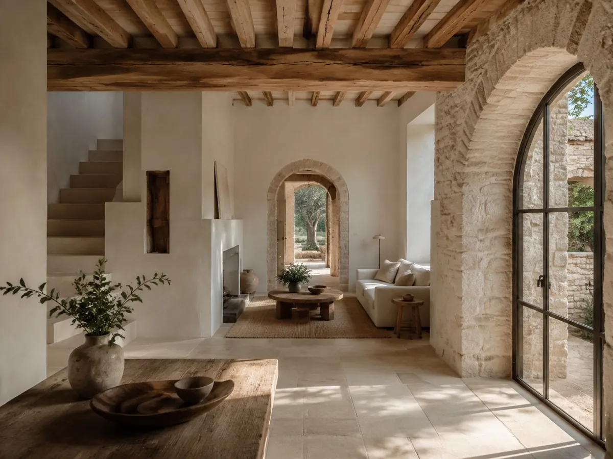 Intérieur provençal rénové en pierre claire et bois naturel
