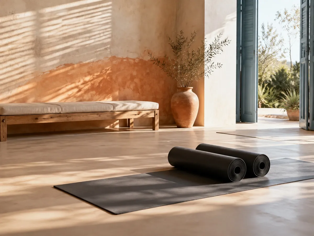 Studio de yoga lumineux avec tapis et banc en matières naturelles